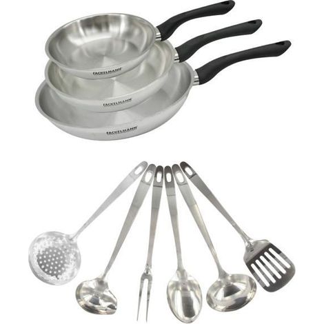 Set 3 Töpfe 20, 24 und 28 cm aus Edelstahl und 6 Edelstahl-Utensilien Fackelmann Geneva