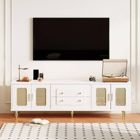 Meuble TV 175 x 38 x 55.5 cm, meuble télé 4 portes effet rotin, 2 tiroirs, pieds métal doré, rétro chic, blanc (1/5)