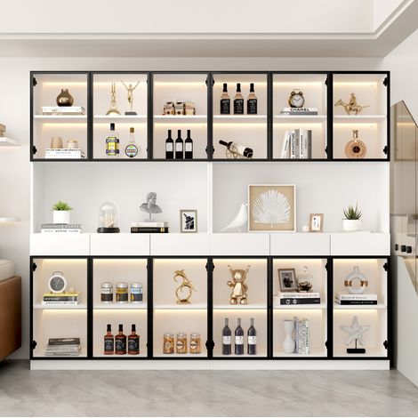 Vitrina LED 120 x 36 x 200 cm, blanca, marco negro HAVRYA (1/5)