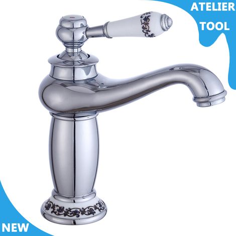 ATELIER 3/8'' robinet d'évier de salle de bain rétro robinet à trou unique froid et chaud avec tuyaux d'eau 2 (1/5)