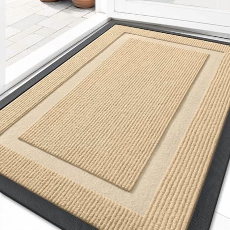 Tapis d'entrée imperméable pour intérieur/extérieur, toutes saisons, en caoutchouc naturel, résistant à la décoloration, profil bas, facile à nettoyer, 84 x 53 cm, beige