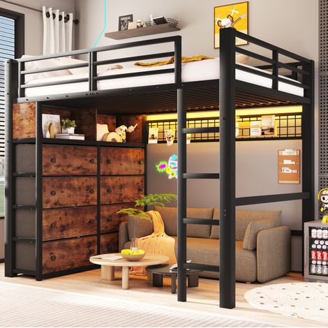 Lit mezzanine 140x200 cm avec LED, 8 tiroirs, étagères et panneau perforé, structure métal et MDF - noir (1/5)
