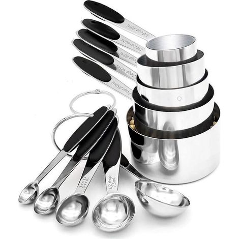 Lot de 10 cuillères et tasses doseuses - Acier inoxydable - Mesures précises - Cuillères à mesurer et verres doseurs - Pour cuisine, pâtisserie et recettes (1/5)