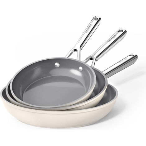 Set de poêles Céramique Induction 20/24/28cm, Revêtement DiamondTitan, Résistant au four, Beige