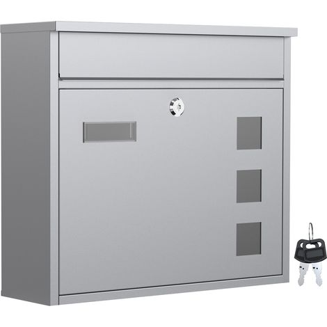 Wiltec Briefkasten V12 silberfarben 360 x 105 x 315 mm, Wandbriefkasten mit Schloss, Sichtfenstern und Namensschild, Postkasten aus Stahl galvanisiert