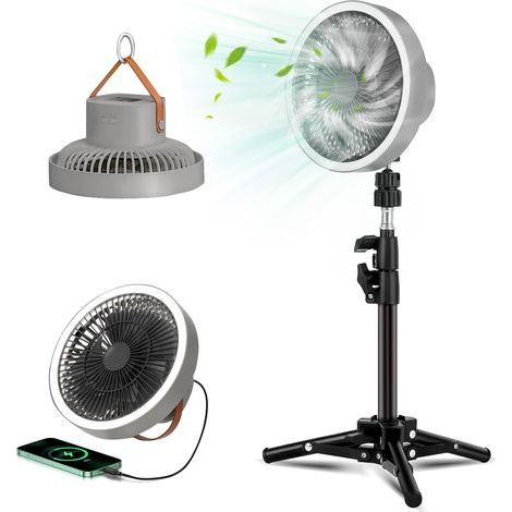 Ventilateur de camping rechargeable 10 000 mAh, trépied hauteur réglable, lanterne LED 3 modes, 3 vitesses, pivotant 180° (crochet) (1/5)