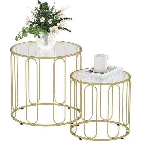 Lot de 2 tables basses gigognes rondes modernes avec cadre en métal et plateau en verre trempé, ton doré (1/5)
