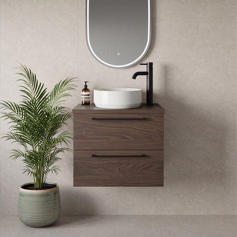 Napoli 390 Brown Oak 600mm Wall Mounted 2 Drawer Vanity Unit for Countertop Basins - 600mm - Matt Black 320mm Handle