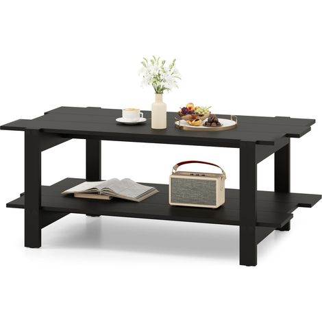 COSTWAY 2-Tier Coffee Table Slatted Wood Center Table with Storage Shelf-Black (1/5)