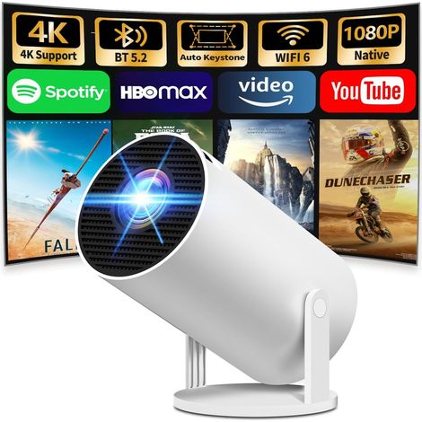 Mini projecteur 4K compatible 1080p Full HD avec WiFi 6 avec BT 5.2, petit projecteur avec applications intégrées avec Keystone automatique et rotation à 270° compatible avec HDMI/TV Stick, blanc (1/5)