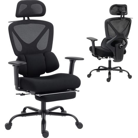 Chaise bureau ergonomique, fauteuil de bureau avec soutien lombaire dynamique adaptatif, 73x75x120-128cm, noir