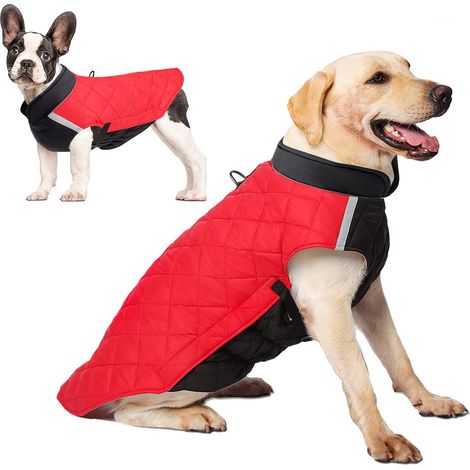 Winter Dog Coat Padded Adjustable Snowsuit Reflective Warm Fleece Jacket Waterproof Windproof Dog Cold Weather Clothing Vest Dog Clothes Red+Black M (1/5)