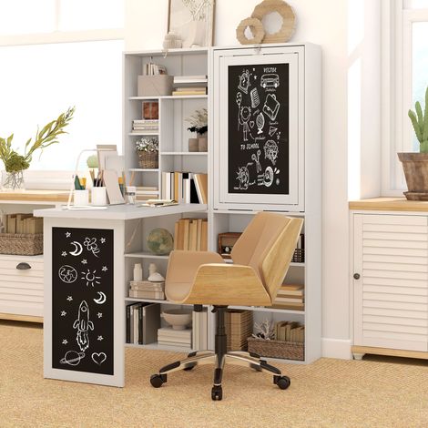 Bureau avec rangement pliable murale rabattable avec bibliothèque poste de travail tableau à craie et étagère réglable