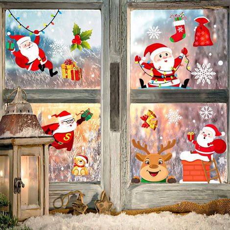 NoëL Autocollants Fenetre, PVC Autocollants Flocons de Neige Fenêtre Stickers, Décoration DIY Fenêtres Stickers Porte de Bonhomme de Neige Santa, Amovibles Statique Autocollants (1/5)