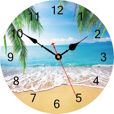 34 cm Wanduhr mit sommerlichen Palmen und Strandmotiv – geräuschlos, kein Ticken – tropisch, hawaiianisch, maritim – Dekoration für Küche, Schlafzimmer, Wohnzimmer, Büro (1/5)