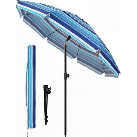 Parasol de Jardin 200cm Inclinable Hauteur Réglable avec Ancrage au Sol Parasol de Plage Protection UV 50+ avec Sac de Transport pour Plage Terrasse Balcon Camping Rayures Bleu Mixte (1/5)