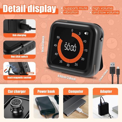 Timer visivo magnetico con conto alla rovescia di 60 minuti/12 ore, 4 modalità di allarme, ricaricabile tramite USB, adatto a bambini, insegnanti e adulti, colore nero - ALTRO (1/4)