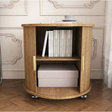 Runder Nachttisch mit Ladestation, 2 USB, MDF in Eiche-Optik 60x60x60 cm HAVRYA (1/5)