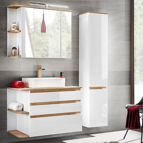 Badezimmermöbel Set mit Keramik-Waschtisch CAMPOS-56, Hochglanz weiß mit Wotaneiche, Hochschrank B/H/T: ca. 144/200/50 cm (1/5)