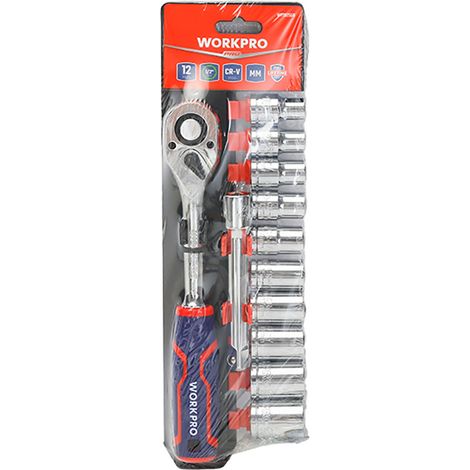 Llave de carraca y vasos ½ pulg, acabado brillo, juego de 12 piezas, métrico