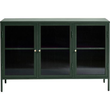 Buffet 3 portes en verre strié et métal L132cm - Vert foncé - BJORN (1/5)