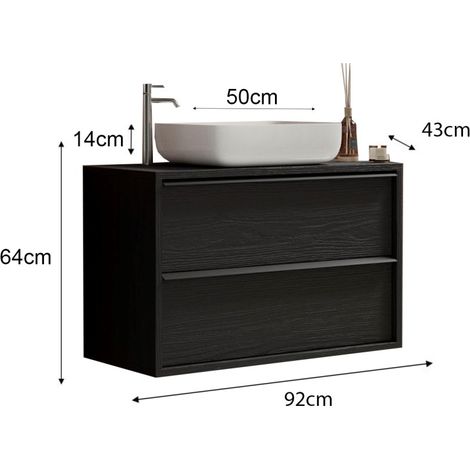 Mobile da bagno sospeso FRASSI - 92 cm - Nero cenere - Lavabo incluso - 2 cassetti