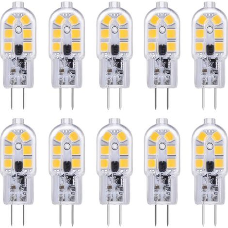 Lot de 10 ampoules LED G4 12 V 2 W blanc froid 6000 K, 12 LED, remplaçant les ampoules halogènes G4 10-20 W, 200 lm, AC/DC 12 V, culot bipolaire G4, pour hottes et lustres, non dimmables [Classe énerg (1/5)