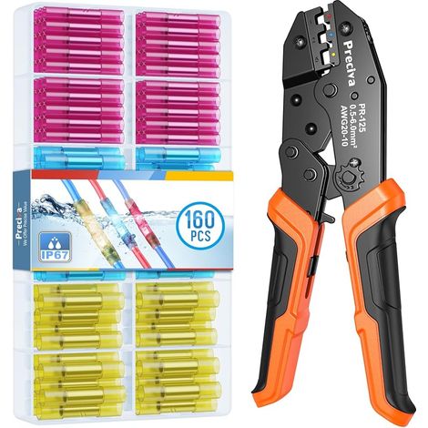 Pince à Sertir de Connecteurs Thermorétractables, avec 160pcs de Connecteurs étanches IP67, Outils de Sertissage isolés Preciva 0.5-6.0 mm²/AWG 22-10, acier Trempé 45, Structure Solide (1/5)