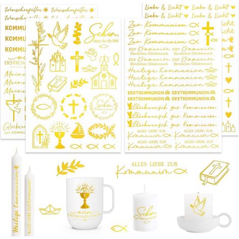 Kommunion Tattoos Goldfolie 4 Blatt Wasser Transfer Aufkleber für Kerzen & Becher (1/4)