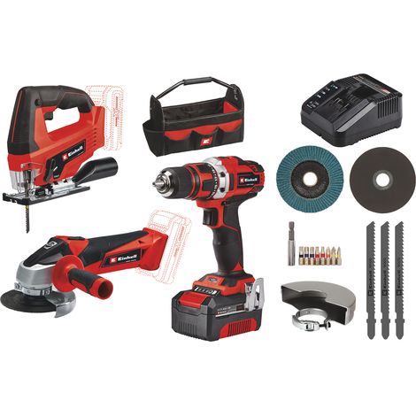 Einhell Akku-Bohrschrauber TE-CD 18/40 Li + Akku-Winkelschleifer TC-AG 18/115 Li + Akku-Stichsäge TC-JS 18 Li Power X-Change (18 V, inkl. 1x 4,0 Ah Akku, Ladegerät, Zubehör, Tasche) (1/5)