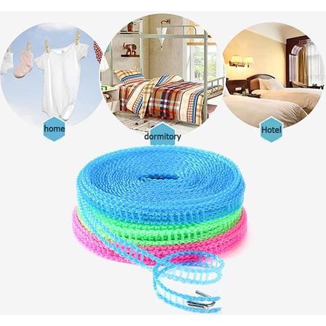 Lot de 3 cordes à linge réglables en nylon rose, bleu, vert, coupe vent, corde à linge de voyage, corde à linge portable pour intérieur, extérieur, camping, maison, hôtel (5 m) (1/5)