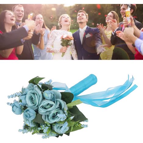 Ramo de novia artificial de rosas y azul claro con hojas verdes naturales: moderno y elegante para el hogar y la iglesia. (1/5)