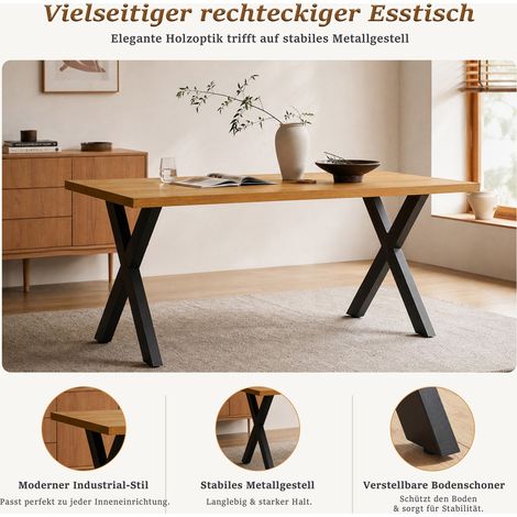 GOEURVANT Esstisch Wildeiche-Optik & Schwarz – Rechteckiger Esszimmertisch mit stabilem X-Metallgestell & Bodenschonern (1/5)