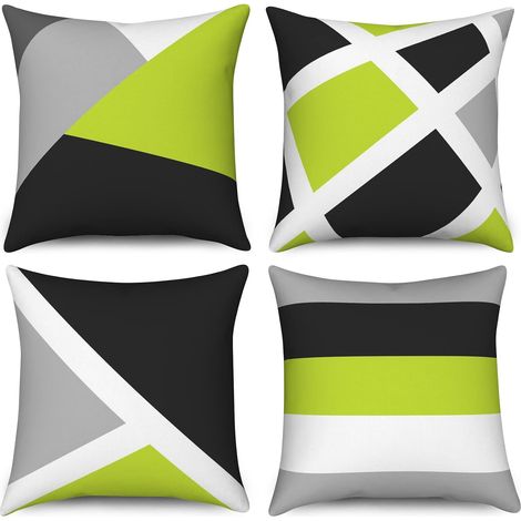 Housse de Coussin Vert, Gris et Noir 45x45 Set de 4 - Moderne Abstrait Rayures Simple Géométrique Décoratif en Lin, pour Canapé (1/5)