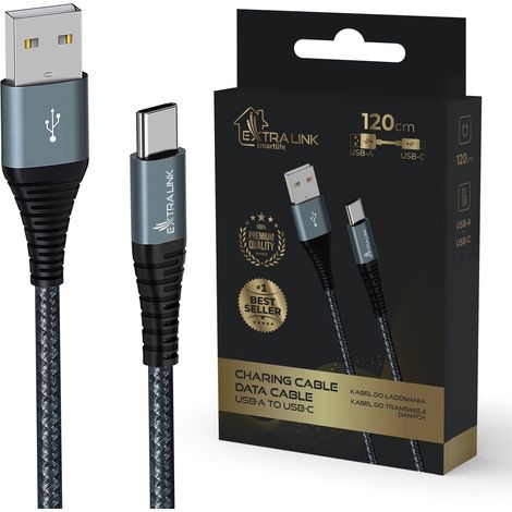 Extralink smart life cable 15w, usb-a to usb-c, 120cm, nylon braided, 5v 2.4a/3a, black