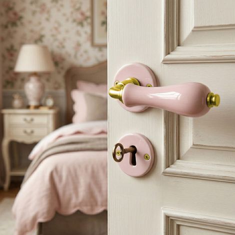 Ouvre&Déco – 2 poignées de porte LIZON entrée de clé porte chambre, Rosace ronde, Design Classique Chic, Porcelaine rose, Coude aspect or