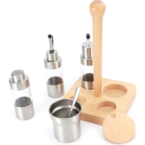 Ensemble de bocaux à épices créatifs en bois pour la cuisine : bocaux à poivre et à piment, flacons à épices, étagère carrée en bois (1/5)