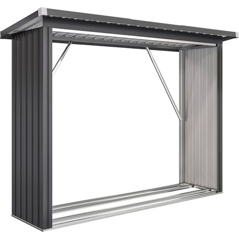 Leñero exterior de acero con suelo elevado y techo inclinado 213x66,5x150 cm gris oscuro (1/5)