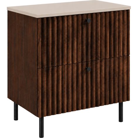 Meuble sous-vasque sur pieds 60 cm, 2 tiroirs, avec plan de travail, fermeture douce, Chêne noyer / Plan cachemire, pieds noirs, 60 x 44,4 x 73,6 cm (1/5)
