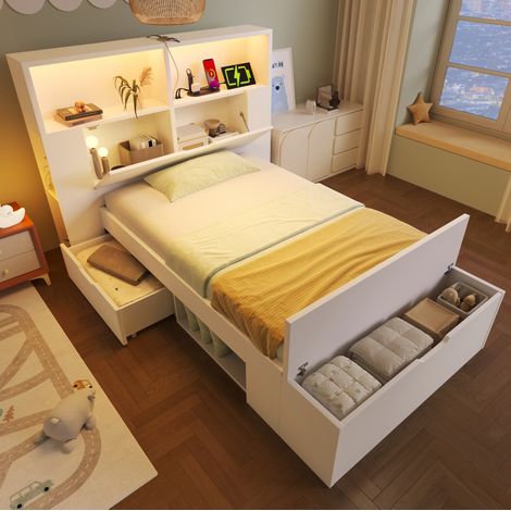 DESVIAE Lit simple en bois 90 x 200 cm avec rangement LED USB tiroirs banquette et étagères blanc (1/5)