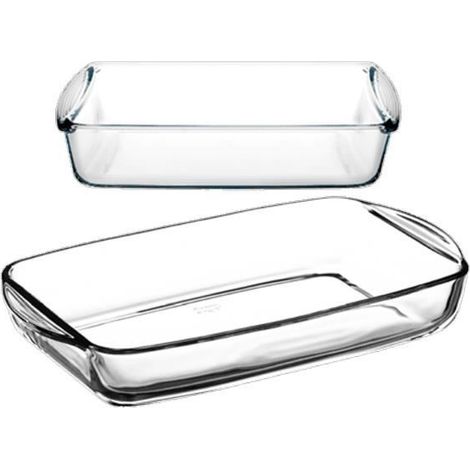 Lot de 2 plats à four moule de cuisson en verre forme rectangulaire - Longueur 26 - 33.6 x Profondeur 15 - 19 cm