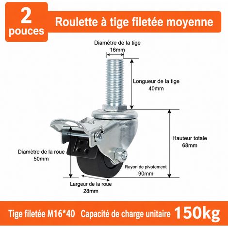 Roulette industrielle 50 mm à tige filetée M16x40 avec frein en nylon 150 kg 2 m16 40 150kg 2 kg – Livraison gratuite