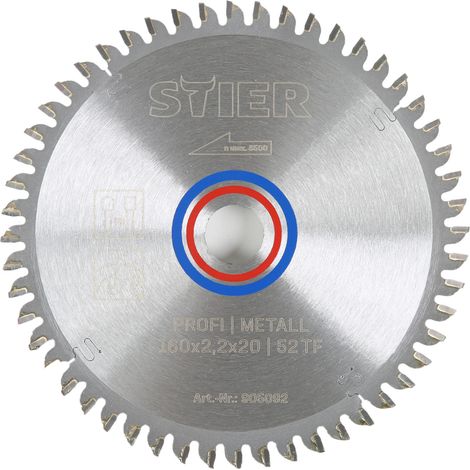 STIER Kreissägeblatt Profi Metall, 160 x 2,2 x 20mm, -5° neg. Spanwinkel, 52 gehärtete Zähne, Trapezflachzahn (1/4)