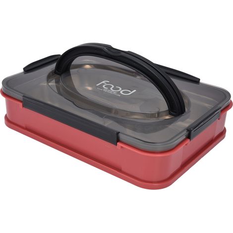Boîte repas 4 compartiments rouge aubépine, en acier inoxydable 304, avec couverts, lunchbox portable à poignée, multifonction, pour étudiants et adultes. (1/5)