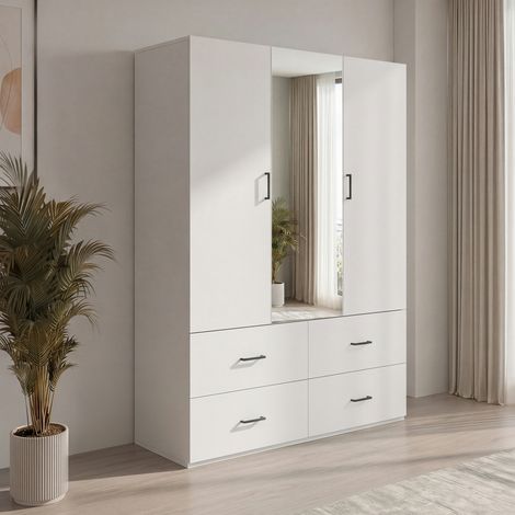 BLANKETSWARM - Armoire chambre adulte 2 portes et 4 tiroirs – 130x52x182 cm – Dressing chambre avec miroir– Blanc