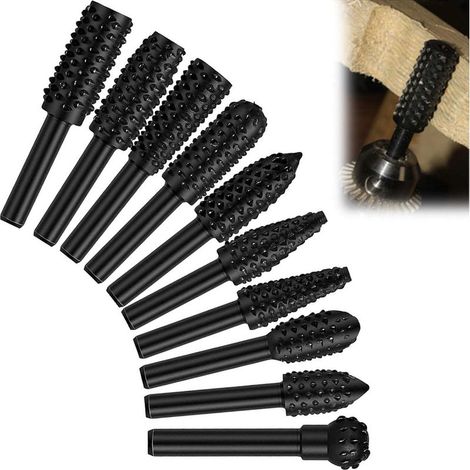 Lot de 10 fraises à bois - Râpe à bois - Fraise à bois - Fraise rotative - Tête de ponçage - Pour sculpture sur bois - Outil de fraisage - Lime rotative à dents de loup (1/5)
