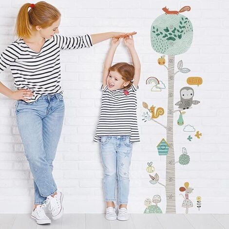 Stickers muraux BARRE DE MESURE ARBRE chambre enfant (39x133 cm) I autocollants décoratifs toise de croissance enfant animaux hibou forêt I sticker mural pour bébé garçon fille (1/5)