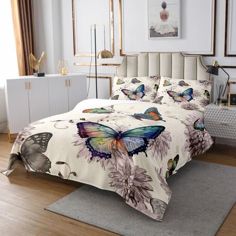 Dessus de Lit Papillon pour Filles Femmes - Couvre-Lit 1 Personne 170x230 cm - Couverture de Lit Fleurs Aquarelles - Jetés de Lit Papillons Colorés - Couette Fleuri Vintage Léger (1/5)