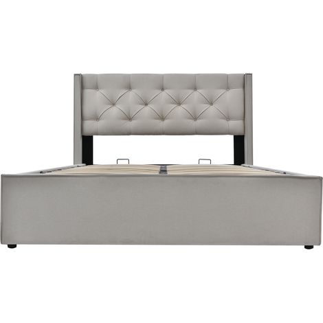 Lit double hydraulique rembourré 140x200cm, lit avec sommier à lattes en cadre métallique, cadre de lit moderne avec espace de rangement, coton, gris clair (avec matelas) (1/5)
