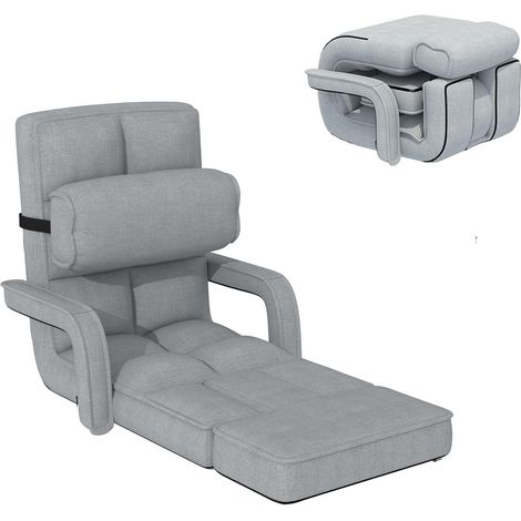 YODOLLA Adjustable Folding Floor Chair, Lazy Sofa Bed with Armrests & Pillow Footrest, Grey (1/5)